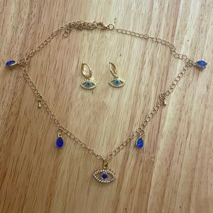 Evil Eye Jewelry Set Necklace and Earrings Gold Charm Blue Spiritual Protection
